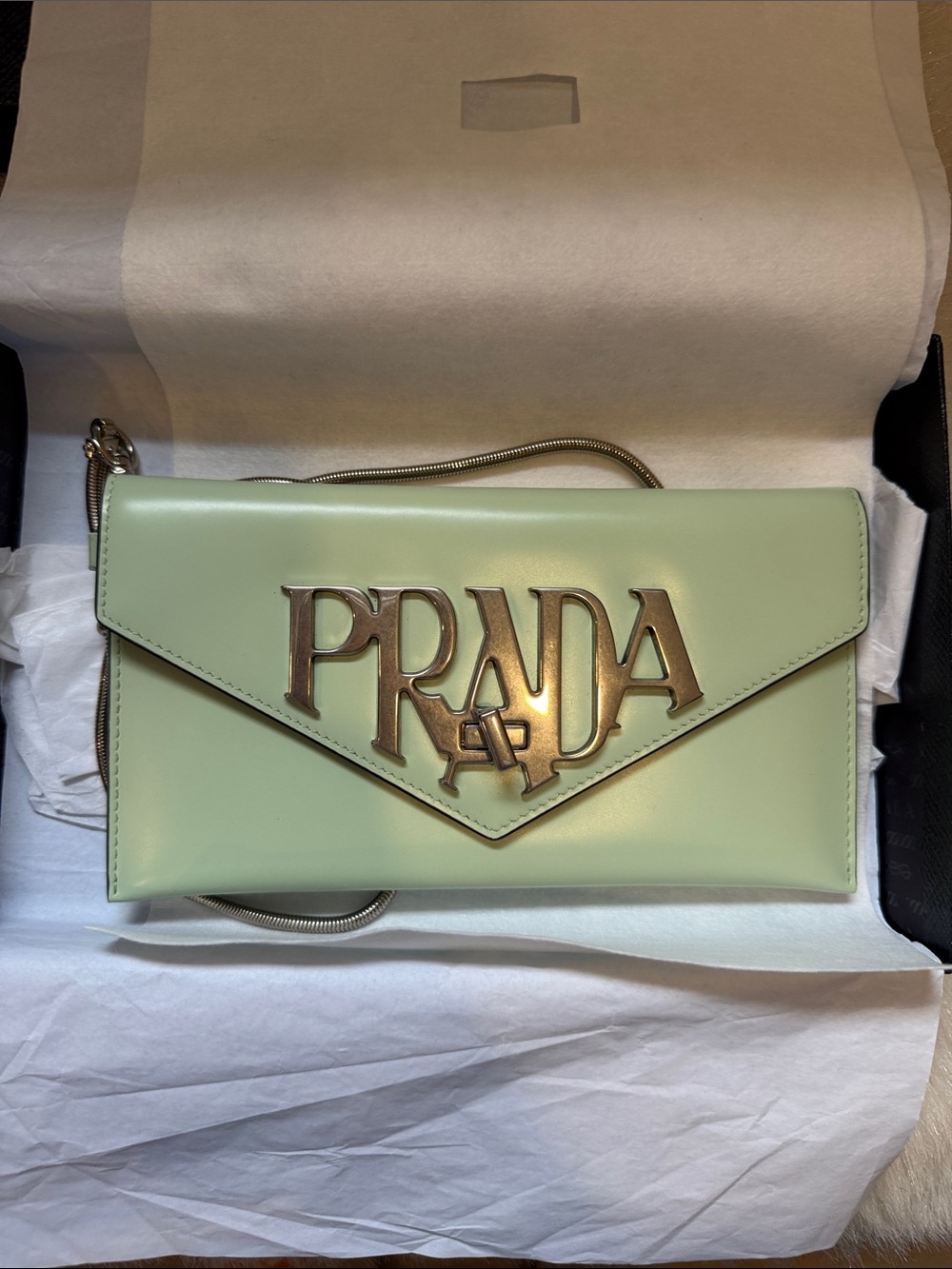 Prada Mint Green Leather Logo Crossbody Clutch